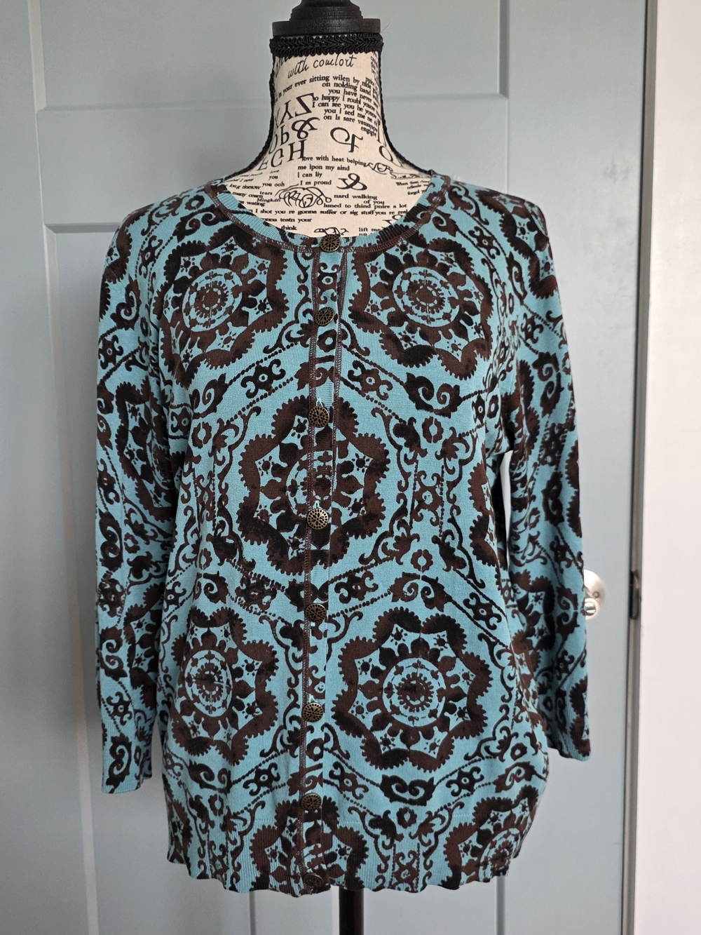 August Silk Silk Blend Medallion Cardigan Sweater Blue Brown Whimsigoth Large
